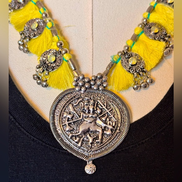 NORDSTROM Maximalist Boho Silver Yellow Fringe Tassel Crystal Statement Necklace - Picture 10 of 15